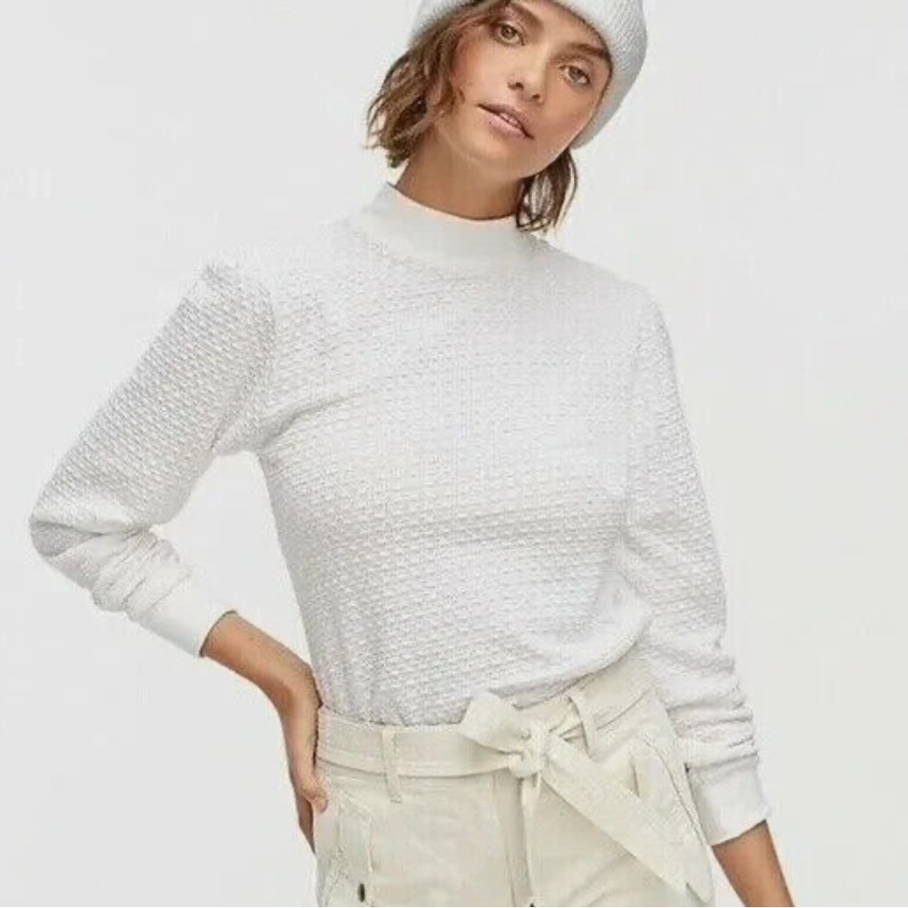 J. Crew Womens Ivory White Pointelle Mock Neck Puff Sleeve Top